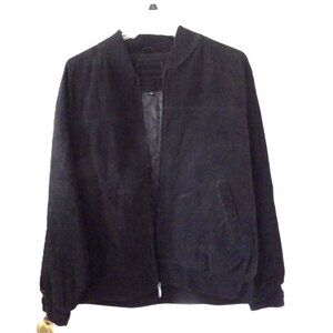Black Suede Bomber Jacket/ Varsity/ Zip Front/ Large